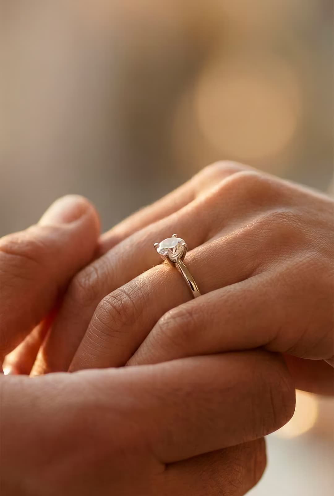 Mãos entrelaçadas exibindo aliança de casamento