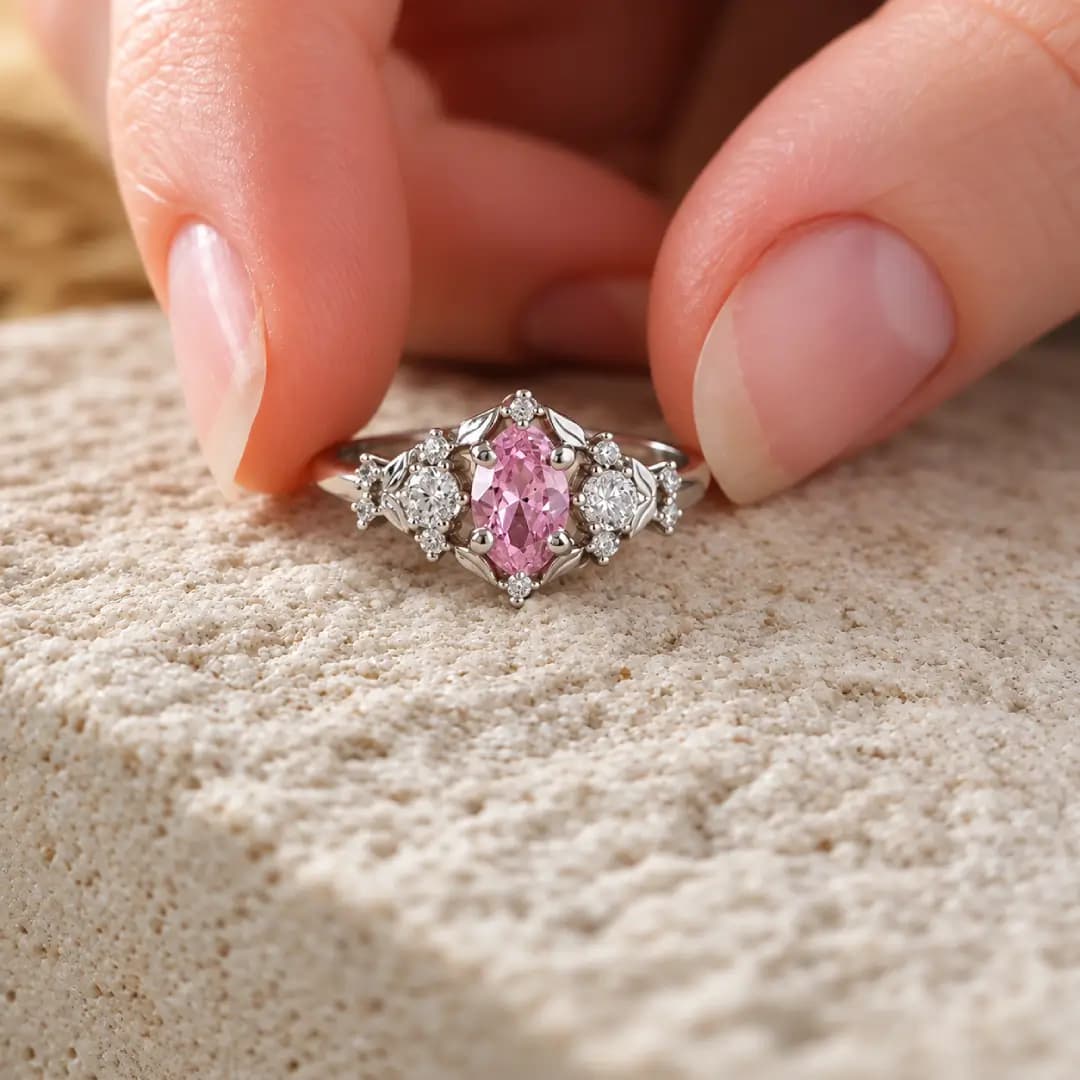 Anel Clara com morganita rosa oval e pedras brancas em ouro branco